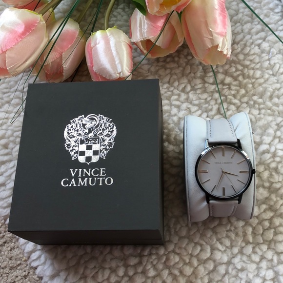 Vince Camuto | Accessories | Vince Camuto Leather Band Watch Light Grey ...